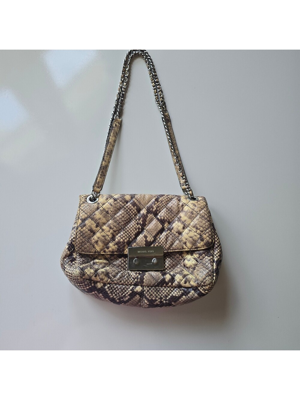 Michael Kors Python Embossed Leather Quilted Flap Chain Shoulder Bag Medium 11"